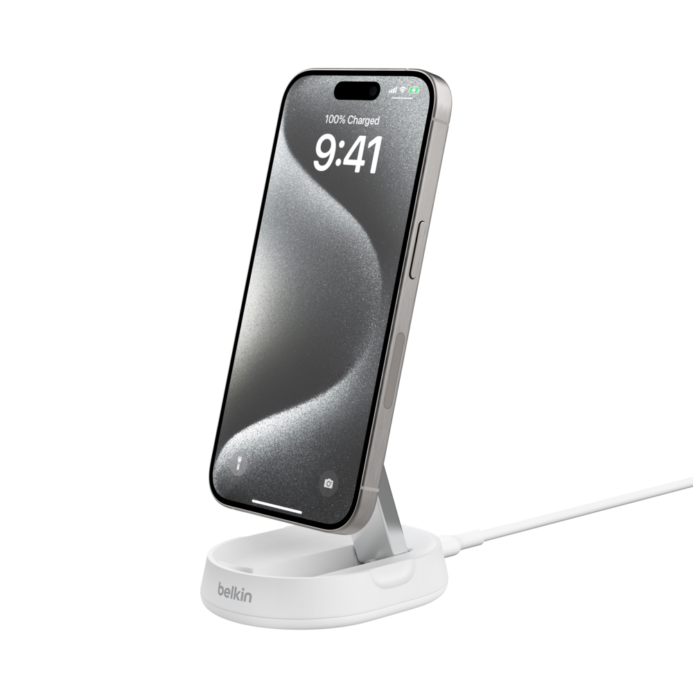 Base de carga 2 en 1 inalámbrica plegable Qi2 15 W Belkin blanca