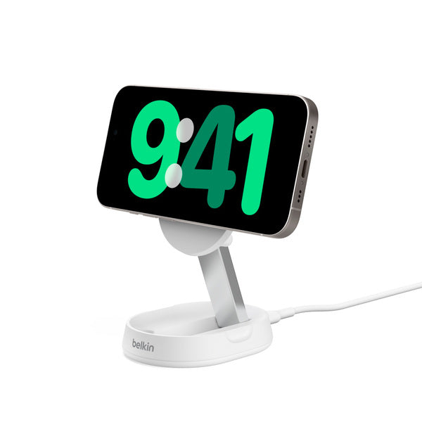 Base de carga 2 en 1 inalámbrica plegable Qi2 15 W Belkin blanca