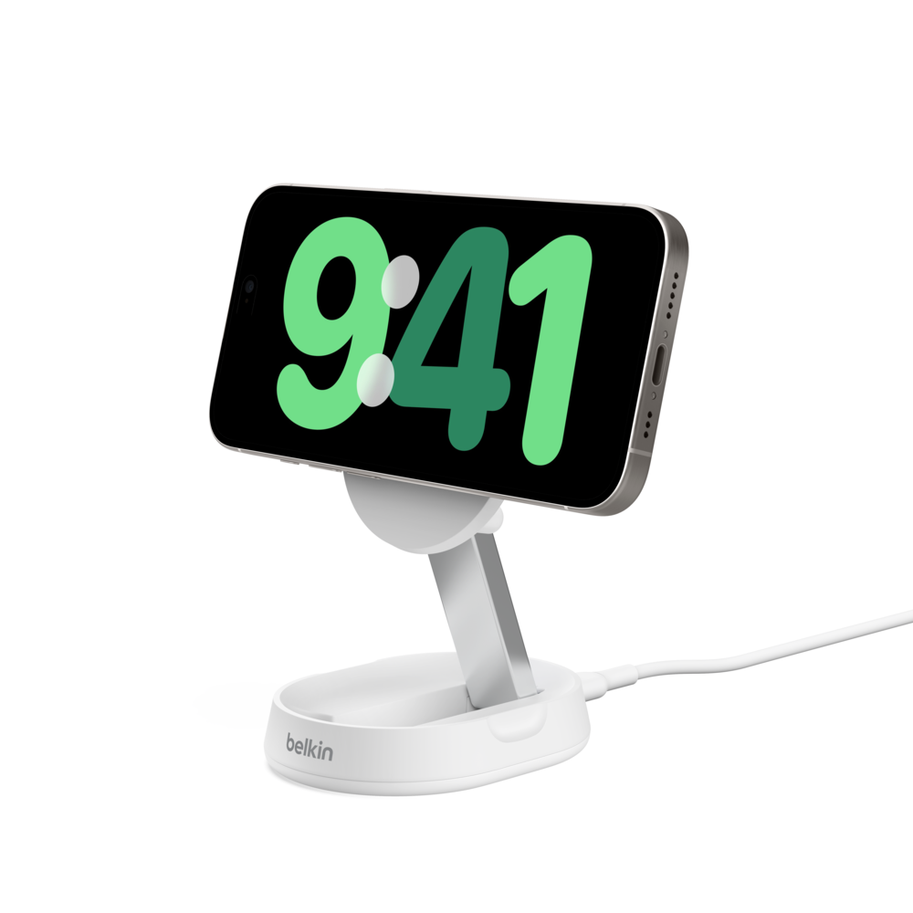 Base de carga 2 en 1 inalámbrica plegable Qi2 15 W Belkin blanca