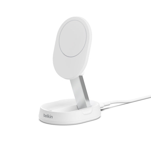 Base de carga 2 en 1 inalámbrica plegable Qi2 15 W Belkin blanca
