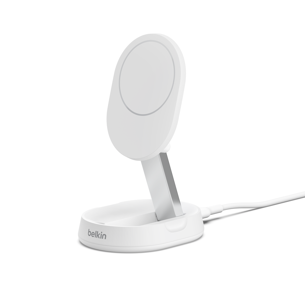 Base de carga 2 en 1 inalámbrica plegable Qi2 15 W Belkin blanca