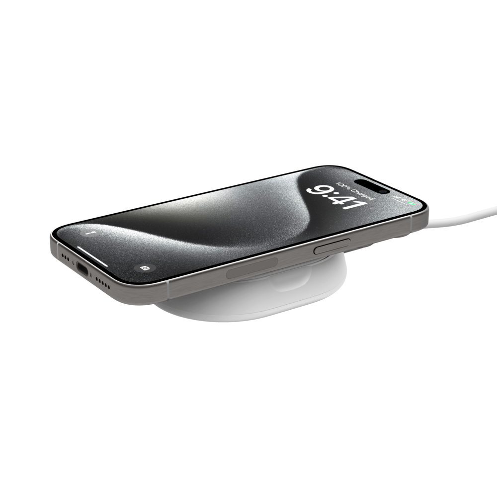 Base de carga 2 en 1 inalámbrica plegable Qi2 15 W Belkin blanca