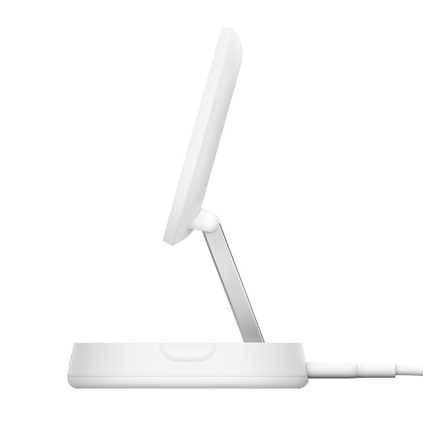 Base de carga 2 en 1 inalámbrica plegable Qi2 15 W Belkin blanca