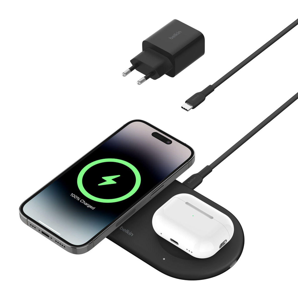 Base de carga 2 en 1 inalambrica plana Qi2 con USB-C Belkin