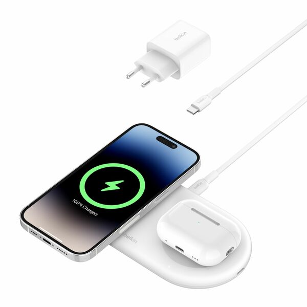 Base de carga 2 en 1 inalambrica plana Qi2 con USB-C Belkin