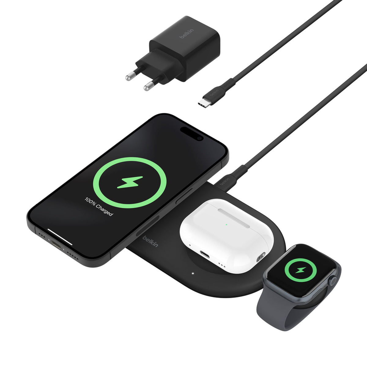 Base de carga 3 en 1 inalambrica plana Qi2 Belkin