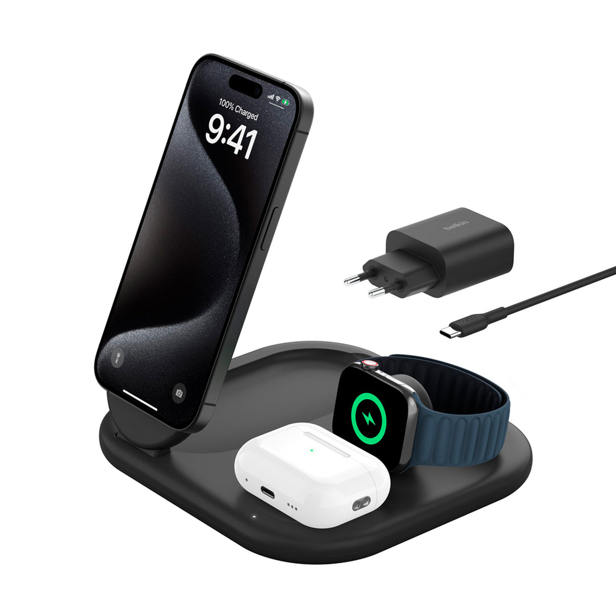 Base de carga 3 en 1 inalámbrica plegable Belkin negra