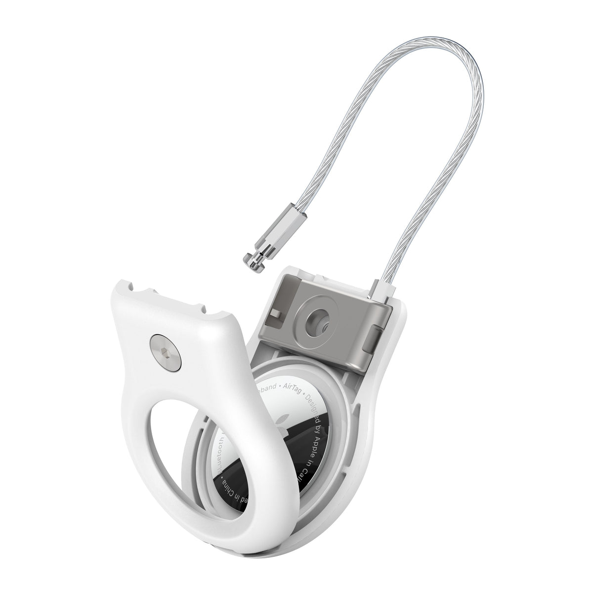 Porta Airtag premium de seguridad con cable acero Belkin blanco