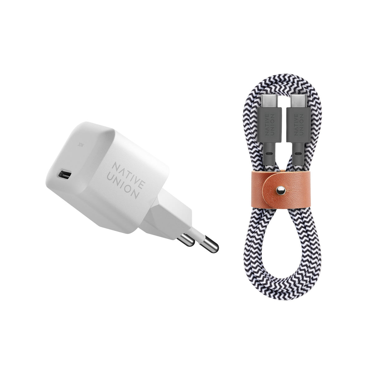 Bundle cargador GAN 30W blanco + Cable USB-C 1.2 Mt Native Union zebra