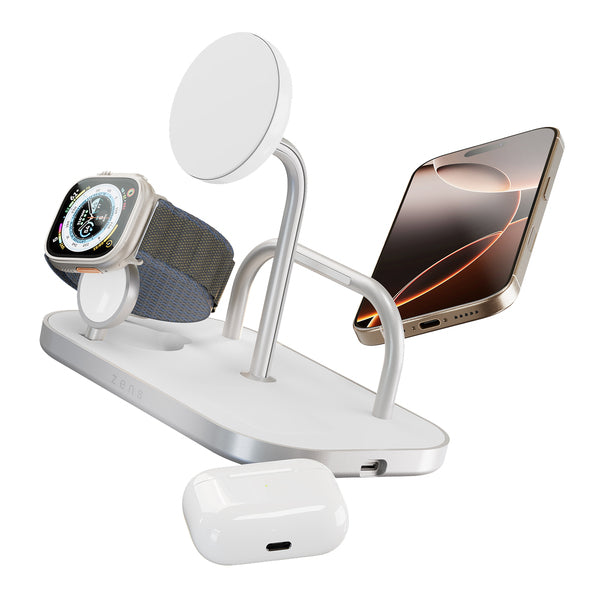 Base de carga 4 en 1 inalámbrica con soporte para iPad Zens blanca