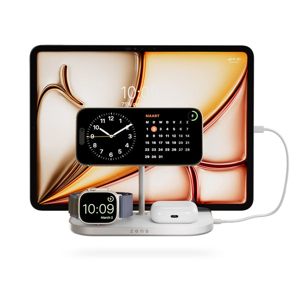 Base de carga 4 en 1 inalámbrica con soporte para iPad Zens blanca