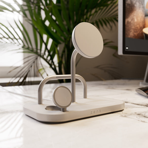 Base de carga 4 en 1 inalámbrica con soporte para iPad Zens blanca